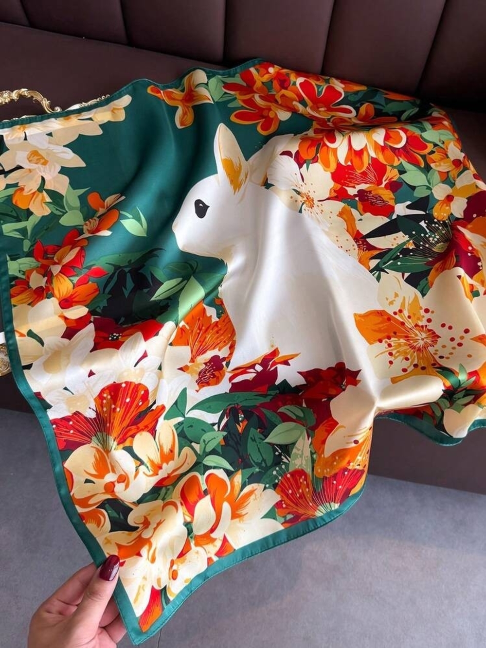 Floral Bunny Silk-Feel Scarf - Green, Orange & Cream